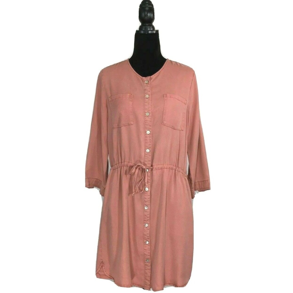 Dear John Lutka Dress SMALL Coral Reef Pocket Roll‎ Sl Button Drawstring Shirt